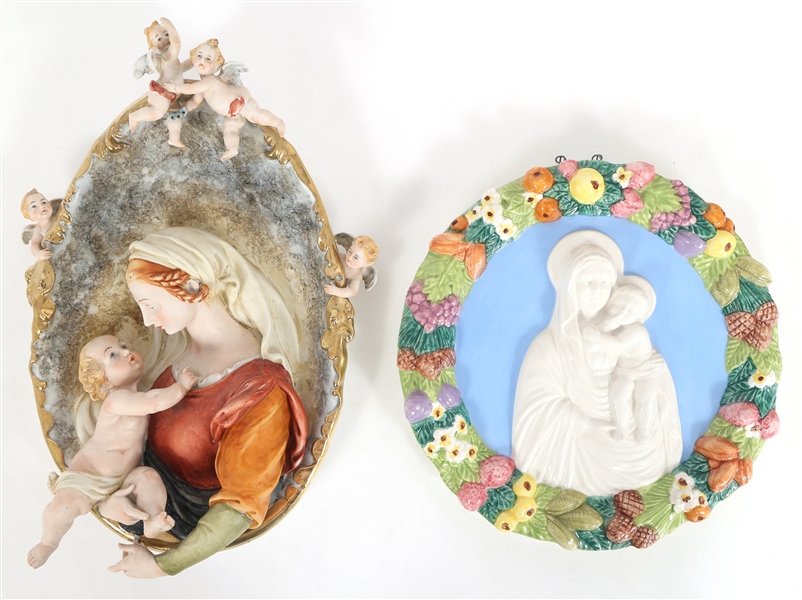 ITALIAN PORCELAIN MADONNA & CHILD WALL PLAQUES