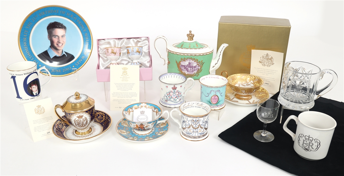 ROYAL FAMILY THEMED CHINA GLASS TEA CUPS POT & SAUCERS 