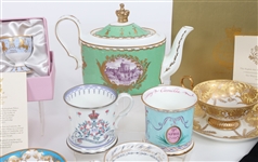 ROYAL FAMILY THEMED CHINA GLASS TEA CUPS POT & SAUCERS 
