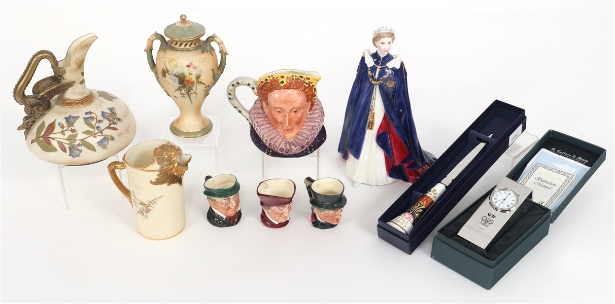BRITISH PORCELAIN, POTTERY, LETTER OPENER & DESK CLOCK