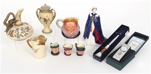 BRITISH PORCELAIN, POTTERY, LETTER OPENER & DESK CLOCK
