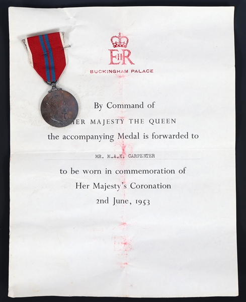 1953 QUEEN ELIZABETH II CORONATION MEDAL & LETTER