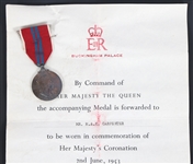 1953 QUEEN ELIZABETH II CORONATION MEDAL & LETTER