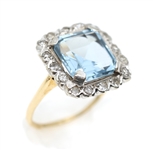 14K YELLOW GOLD AQUAMARINE & DIAMOND ART DECO RING 