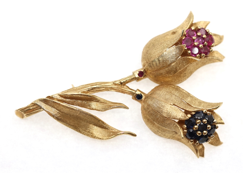 14K YELLOW GOLD RUBY & SAPPHIRE TULIP BROOCH
