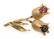 14K YELLOW GOLD RUBY & SAPPHIRE TULIP BROOCH