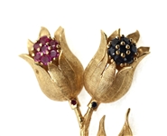 14K YELLOW GOLD RUBY & SAPPHIRE TULIP BROOCH