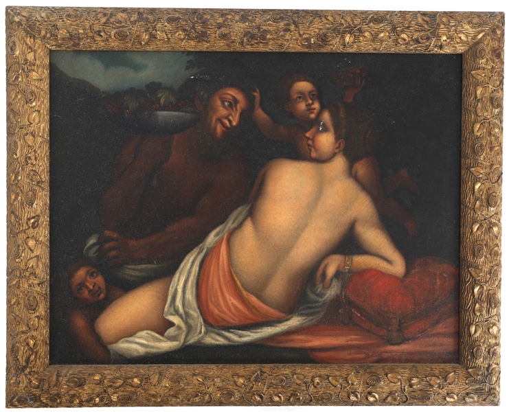 OIL ON CANVAS CLASSICAL GREEK GOD PAN & NYMPH PAINTING 