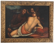 OIL ON CANVAS CLASSICAL GREEK GOD PAN & NYMPH PAINTING 
