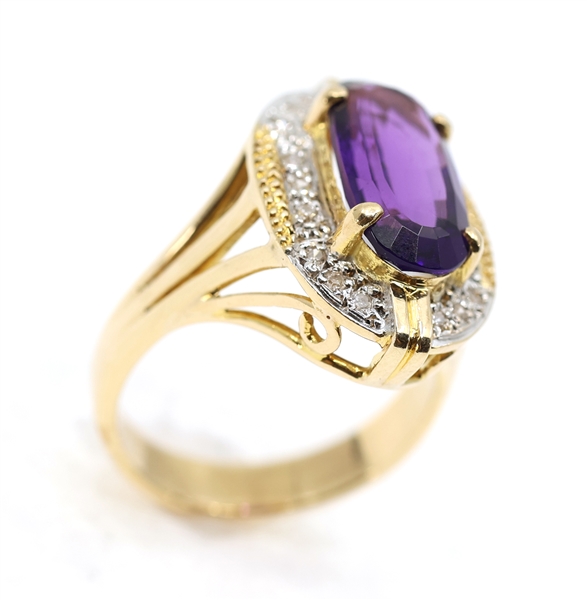 14K YELLOW GOLD AMETHYST & DIAMOND COCKTAIL RING