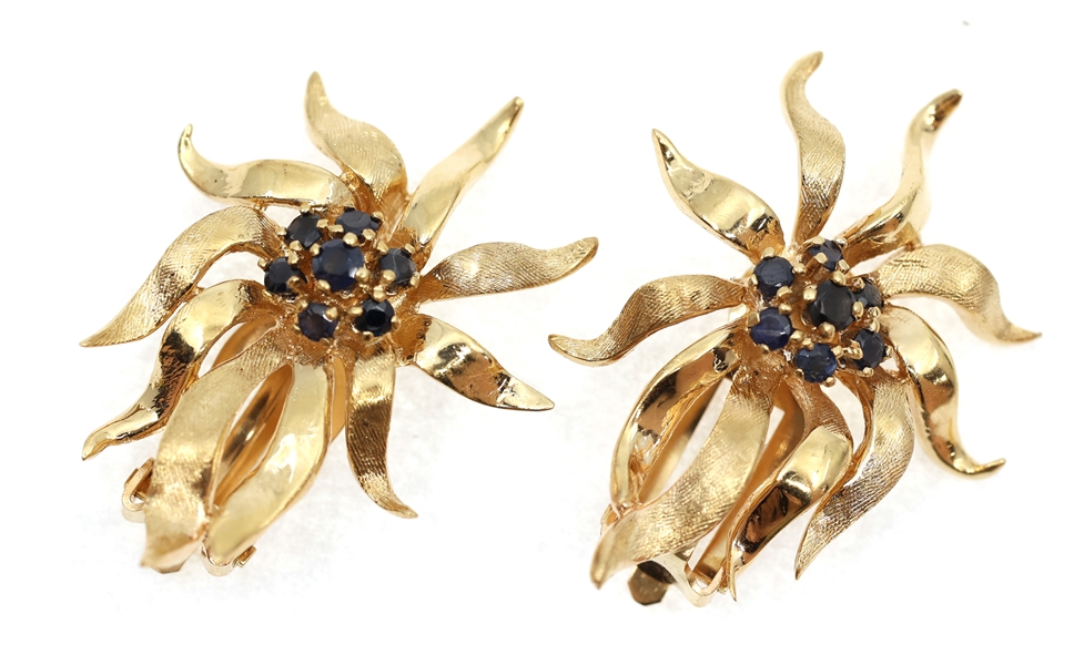 14K YELLOW GOLD BLUE SAPPHIRE FLORAL CLIP-ON EARRINGS