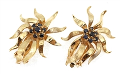 14K YELLOW GOLD BLUE SAPPHIRE FLORAL CLIP-ON EARRINGS