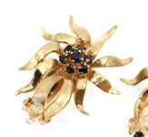 14K YELLOW GOLD BLUE SAPPHIRE FLORAL CLIP-ON EARRINGS