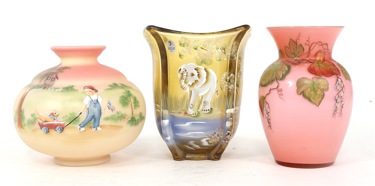 FENTON GLASS HAND PAINTED VASES 