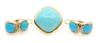 14K YELLOW GOLD TURQUOISE EARRINGS & ENHANCER PENDANT