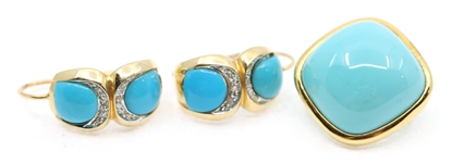 14K YELLOW GOLD TURQUOISE EARRINGS & ENHANCER PENDANT