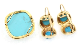 14K YELLOW GOLD TURQUOISE EARRINGS & ENHANCER PENDANT