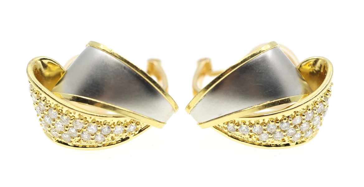 18K YELLOW GOLD & PLATINUM DIAMOND OMEGA BACK EARRINGS