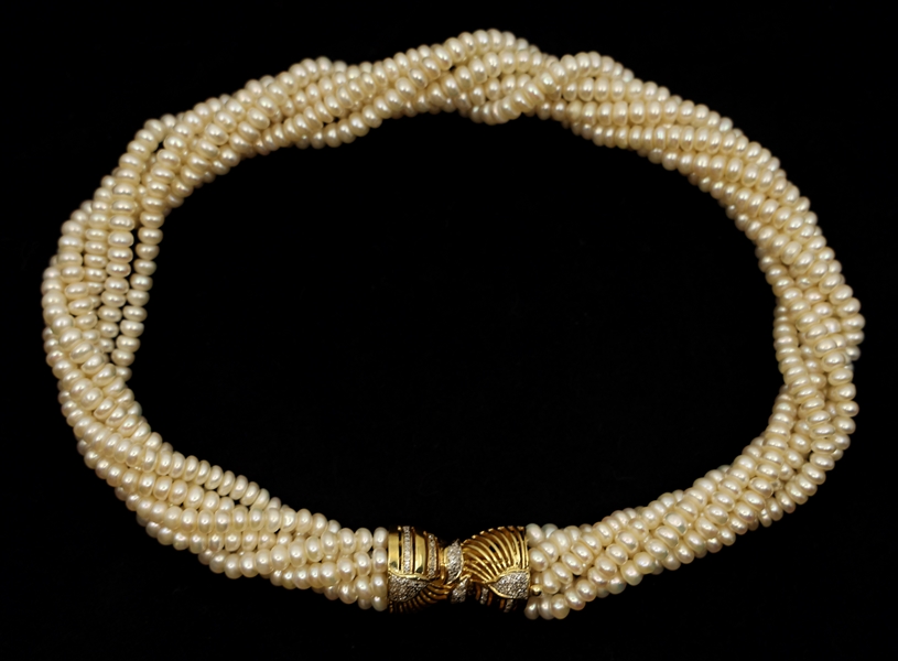 MULTI-STRAND PEARL CHOKER, 14K GOLD & DIAMOND CLASP