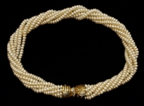 MULTI-STRAND PEARL CHOKER, 14K GOLD & DIAMOND CLASP