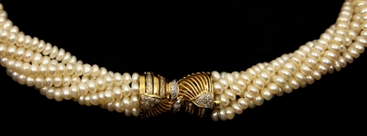 MULTI-STRAND PEARL CHOKER, 14K GOLD & DIAMOND CLASP