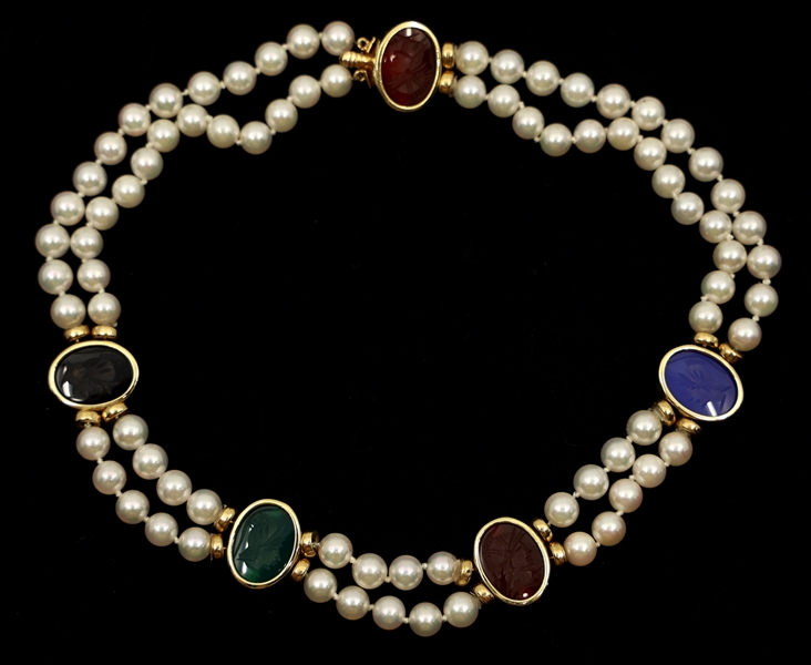 PEARL & INTAGLIO CHOKER NECKLACE W/ 14K YELLOW GOLD