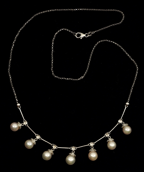 18K WHITE GOLD PEARL & DIAMOND DROP NECKLACE