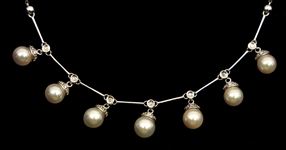 18K WHITE GOLD PEARL & DIAMOND DROP NECKLACE
