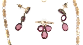 EARLY 20TH C. 9K YELLOW GOLD GARNET JEWELRY SET 