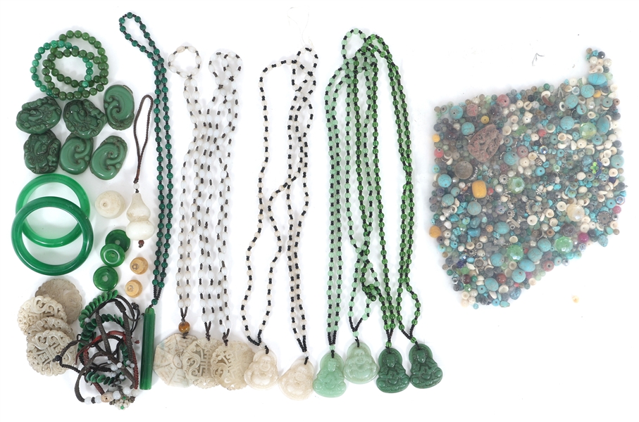 CARVED STONE BEADED JEWELRY - JADE, SOFTSTONE, HOWLITE