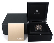 MILUS TIRION TRI-RETROGRADE 18K GOLD CASE WRISTWATCH