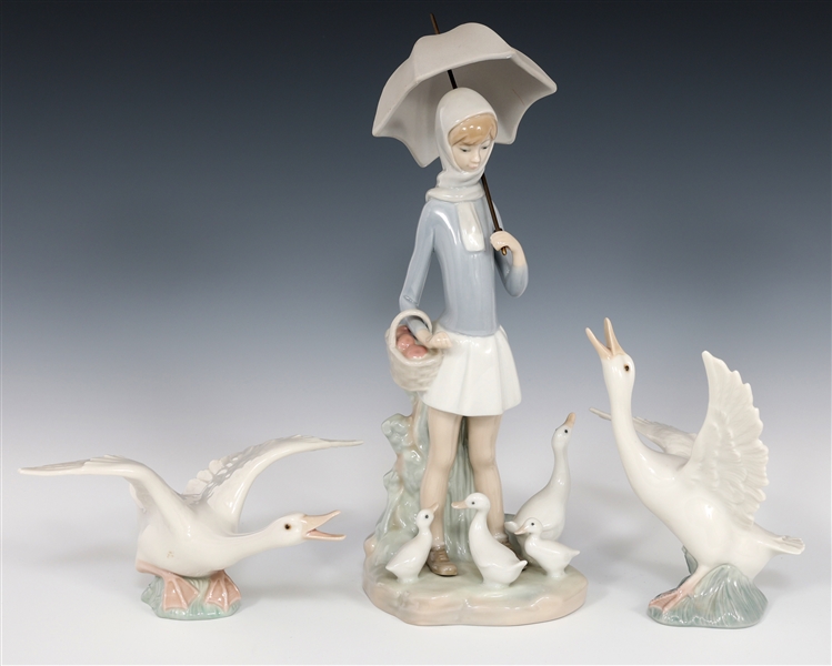 LLADRO GIRL WITH UMBRELLA & DUCKS PORCELAIN FIGURINES