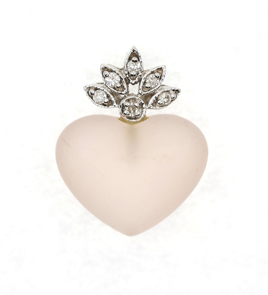 14K WHITE GOLD FROSTED ROSE QUARTZ & DIAMOND PENDANT