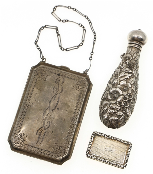 STERLING SILVER VINAIGRETTE, PERFUME FLASK, & PURSE