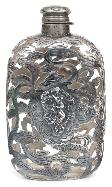 19TH C. GORHAM STERLING SILVER OVERLAY & GLASS FLASK