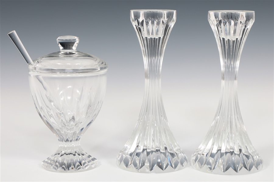 BACCARAT CRYSTAL MASSENA CANDLESTICKS & MUSTARD JAR