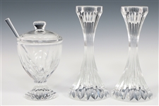 BACCARAT CRYSTAL MASSENA CANDLESTICKS & MUSTARD JAR