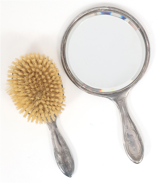 WEIGHTED STERLING SILVER VANITY HAND MIRROR & HAIRBRUSH