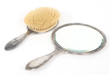 WEIGHTED STERLING SILVER VANITY HAND MIRROR & HAIRBRUSH