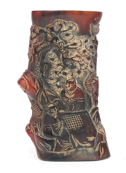 CHINESE CARVED HORN BRUSH POT 