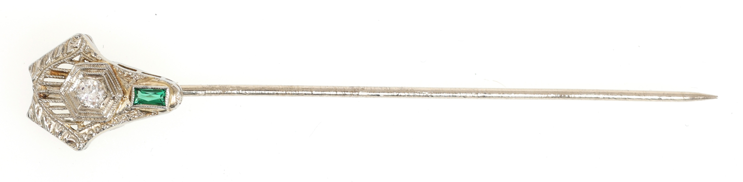 18K WHITE GOLD DIAMOND & GREEN GLASS STICK PIN 