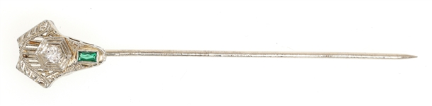 18K WHITE GOLD DIAMOND & GREEN GLASS STICK PIN 