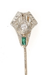 18K WHITE GOLD DIAMOND & GREEN GLASS STICK PIN 