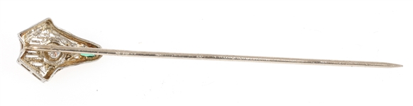 18K WHITE GOLD DIAMOND & GREEN GLASS STICK PIN 