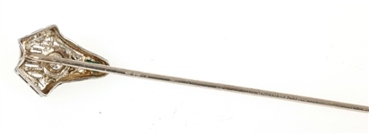 18K WHITE GOLD DIAMOND & GREEN GLASS STICK PIN 