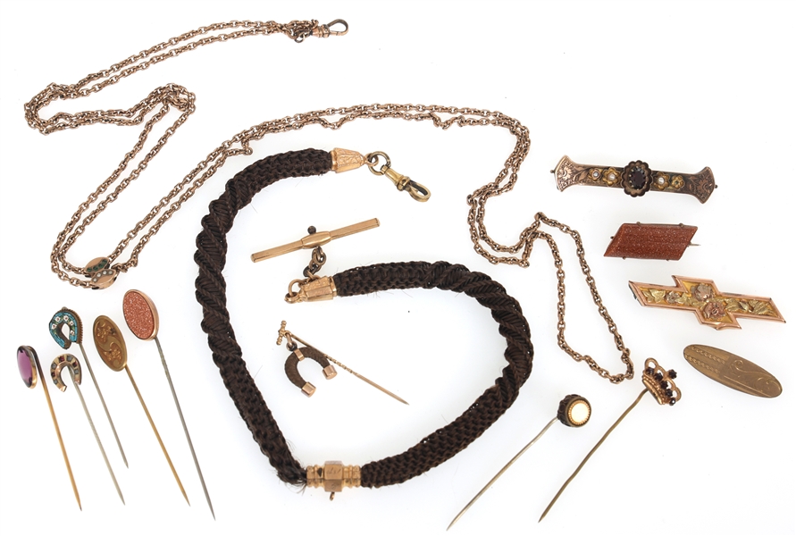 VICTORIAN GOLD-FILLED HAIRWORK & COLORED GLASS JEWELRY