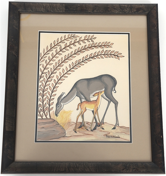 PABLITA VELARDE GOUACHE ON PAPER PAINTING OF DEER 