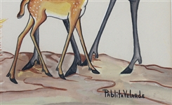 PABLITA VELARDE GOUACHE ON PAPER PAINTING OF DEER 