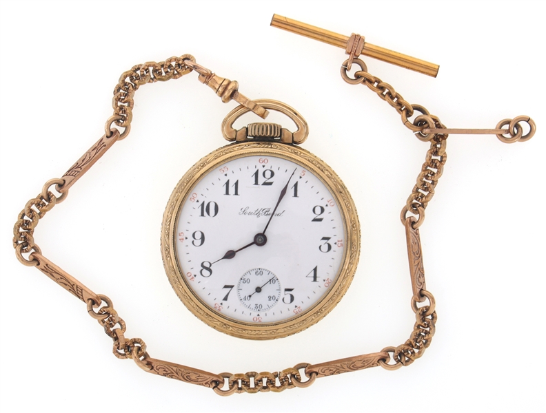 MENS SOUTH BEND GOLD FILLED POCKET WATCH & WATCH FOB 