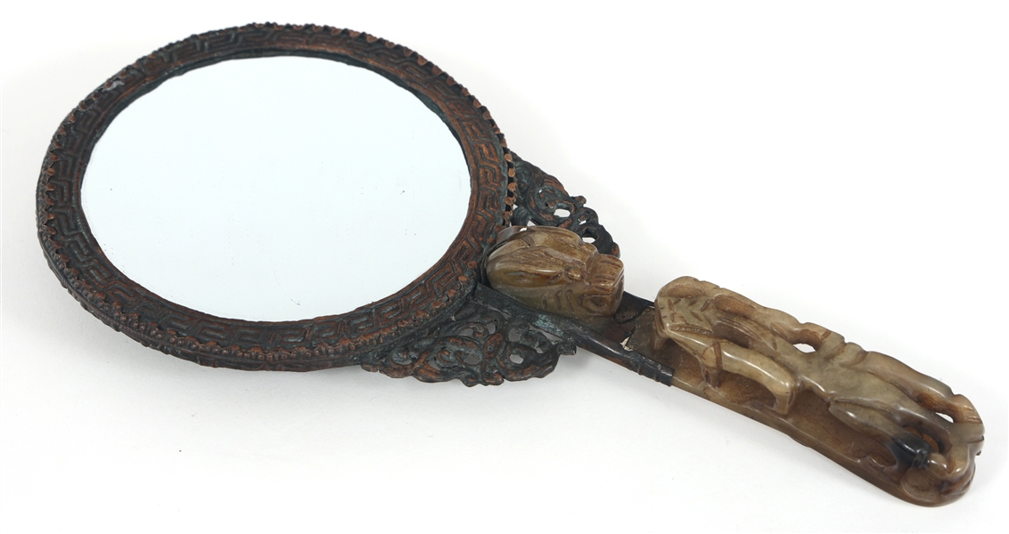 CHINESE BRONZE & SOFTSTONE HAND MIRROR